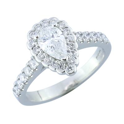 Pear shaped diamond, platinum halo cluster ring