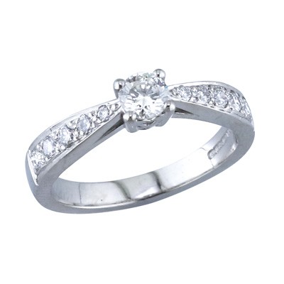 Platinum and diamond single stone ring with pave set shoulders