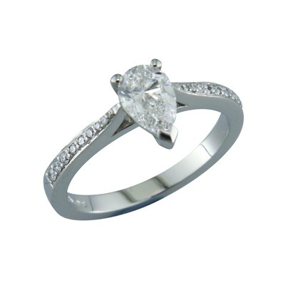 Pear shaped diamond single stone ring with grain set shoulders