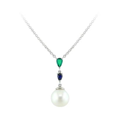 Pearl pendant with pear shaped emerald and sapphire