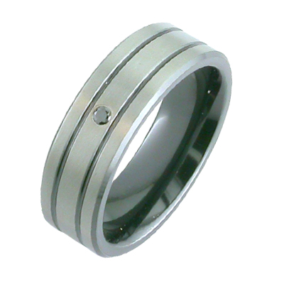 White gold gents wedding ring with grooves and flush set diamond