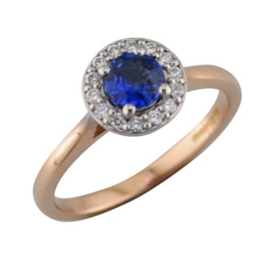 Sapphire and diamond halo cluster with a platinum setting and rose gold shank