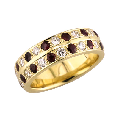 Ruby and diamond double row pave set gold ring