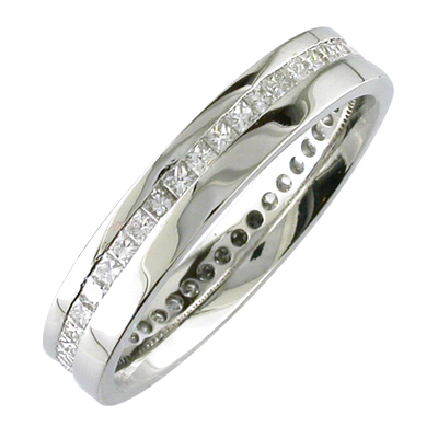Platinum and band with offset channel set diamonds