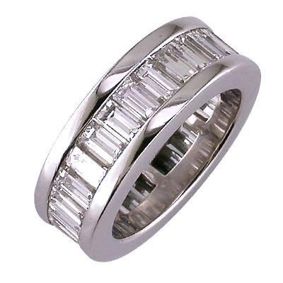 Baguette diamond channel set ring mounted in platinum