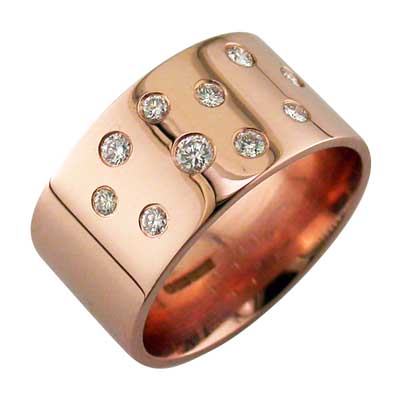Wide rose gold band with flush set diamonds