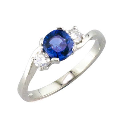 Cushion shaped three stone Sapphire and diamond twist style ring