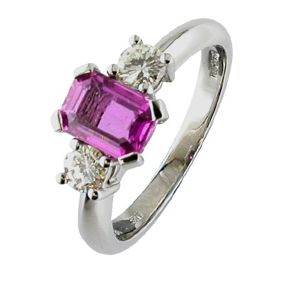 Emerald cut pink Sapphire and diamond three stone platinum ring