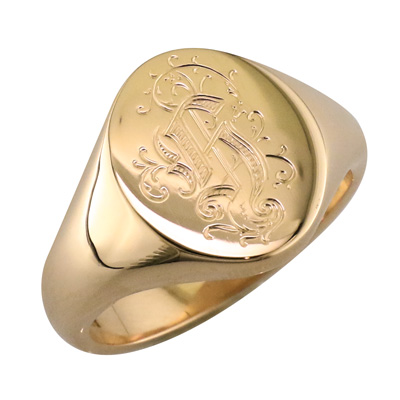 Gents signet ring with ornate initial hand engraving