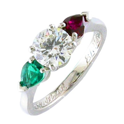 Ruby, diamond and Emerald three stone platinum ring, representing the Hungarian flag colours