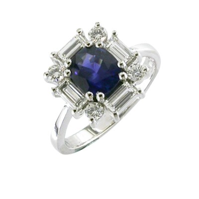 Sapphire and baguette cut diamonds halo platinum cluster ring