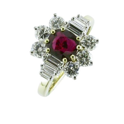 Ruby and diamond cluster ring with platinum setting and yellow gold shank