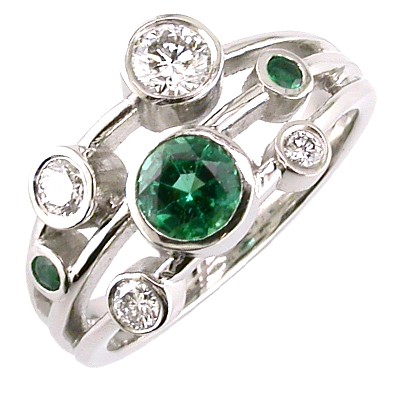Emerald and diamond platinum bubble ring