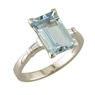 Aquamarine and baguette cut diamond three stone ring