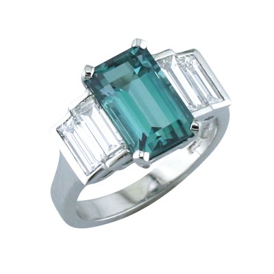 Tourmaline and baguette cut diamond five stone platinum ring