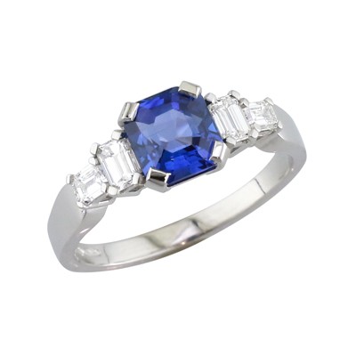 Emerald cut Sapphire and baguette cut diamond five stone ring