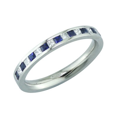 Sapphire and diamond princess cut channel set platinum ring