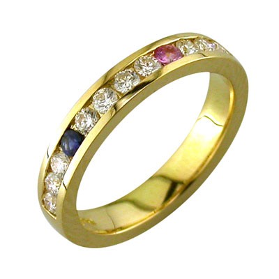 Diamond channel set ring with a blue and pink Sapphire representing   the childereds birthstones