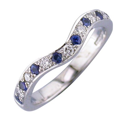 Sapphire and diamond pave set curved platinum band