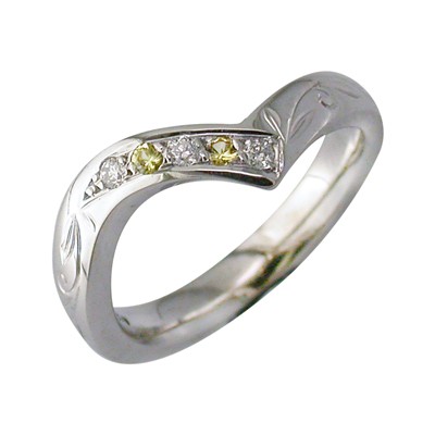 Yellow sapphire and diamond fitted wedding ring with hand engraved detail