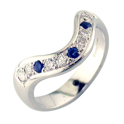 Sapphire and diamond grain set (pave set) curved platinum  band