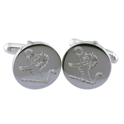 Circular cufflinks with hand engraved family crest
