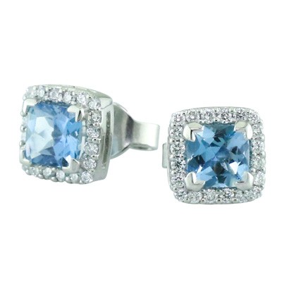 Aquamarine and diamond halo cluster platinum earrings