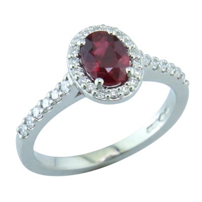 Ruby and diamond halo platinum cluster ring