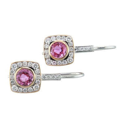 Pink sapphire and diamond halo cluster earrings with shepherd’s hook fittings