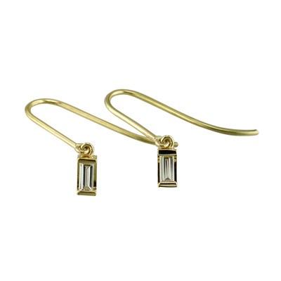 Gold baguette cut diamond earrings with shepherd’s hook fittings