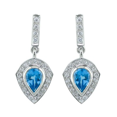 Blue Topaz and diamond pave set drop earrings