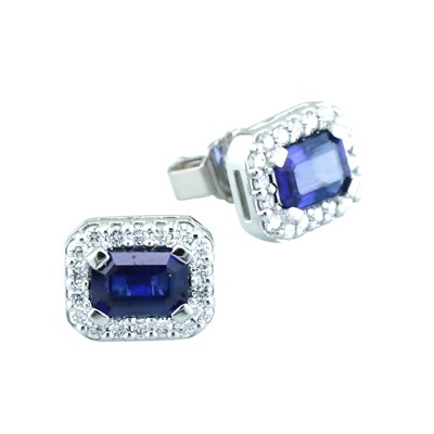 Emerald cut Sapphire and diamond halo cluster stud earrings