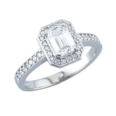 Emerald cut diamond halo platinum cluster ring