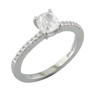 Single stone, cushion cut diamond ring with claw set diamond shoulders