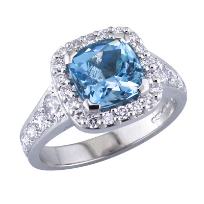 Cushion cut Aquamarine and diamond halo cluster platinum ring