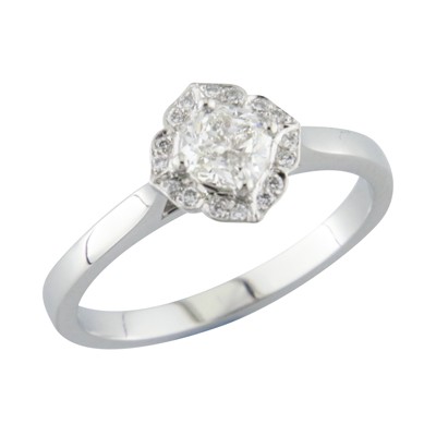 Platinum flower style halo cluster ring with a cushion cut diamond in the centre