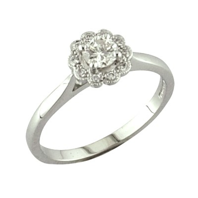 Dainty, diamond halo cluster ring set in platinum