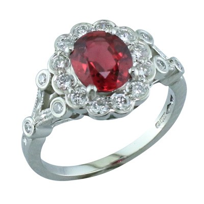 Ruby and Diamond halo platinum cluster ring