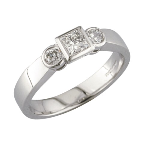 Princess cut diamond three stone ring with round shaped diamonds either side
