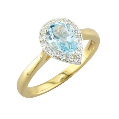 Topaz and Diamond halo cluster ring set in platinum on a yellow gold shank
