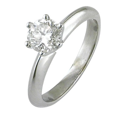 Traditional single stone diamond platinum ring, with a six claw setting.