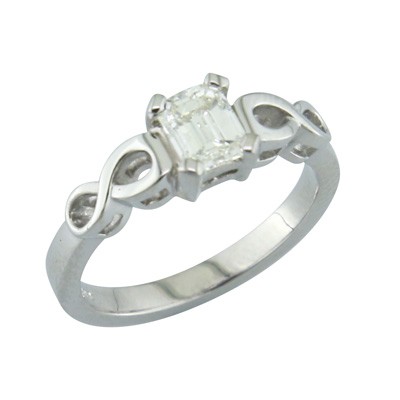 Emerald cut diamond single stone platinum ring with an infinity symbol on the shoulders