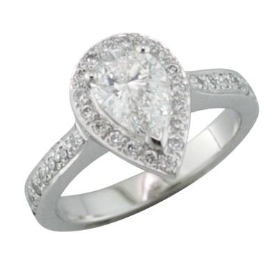 Pear shaped Diamond, halo platinum cluster ring with pave set shoulders