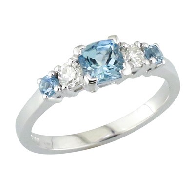 Platinum Aquamarine and diamond five stone ring