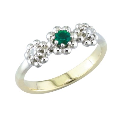 Emerald and diamond fancy three stone ring