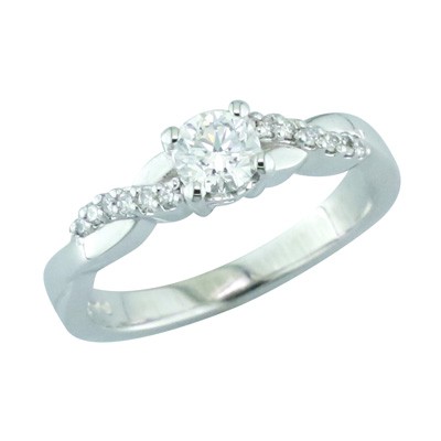 Platinum and diamond solitaire ring with diamond set twisted shoulders