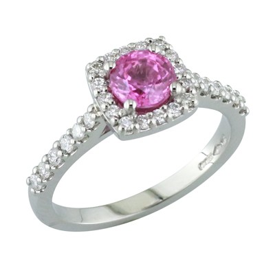 Pink sapphire and diamond halo cluster ring