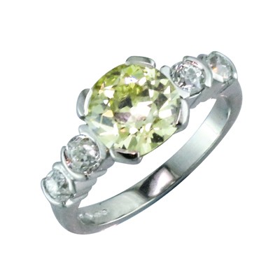 Fancy yellow cut diamond ring with white diamond set in the shoulders