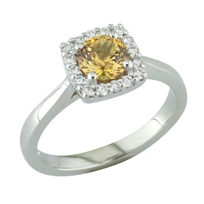 Yellow sapphire and diamond halo platinum cluster ring
