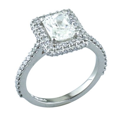 Emerald cut diamond halo platinum cluster ring